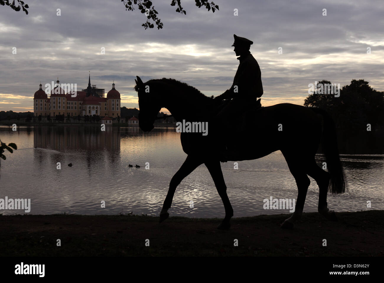 Moritzburg, Germania, silhouette di cavallo e cavaliere dall'Moritzburg Foto Stock
