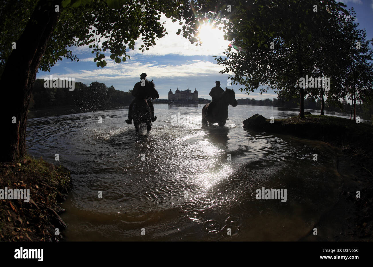 Moritzburg, Germania, silhouette di cavalli e cavalieri nel lago di fronte alla Schloss Moritzburg Foto Stock