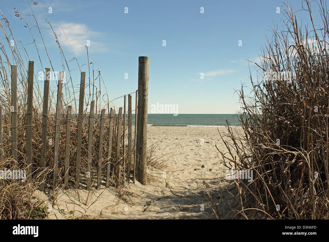 Mare di avena, scherma di sabbia e dune telaio il percorso su una spiaggia tranquilla. Foto Stock
