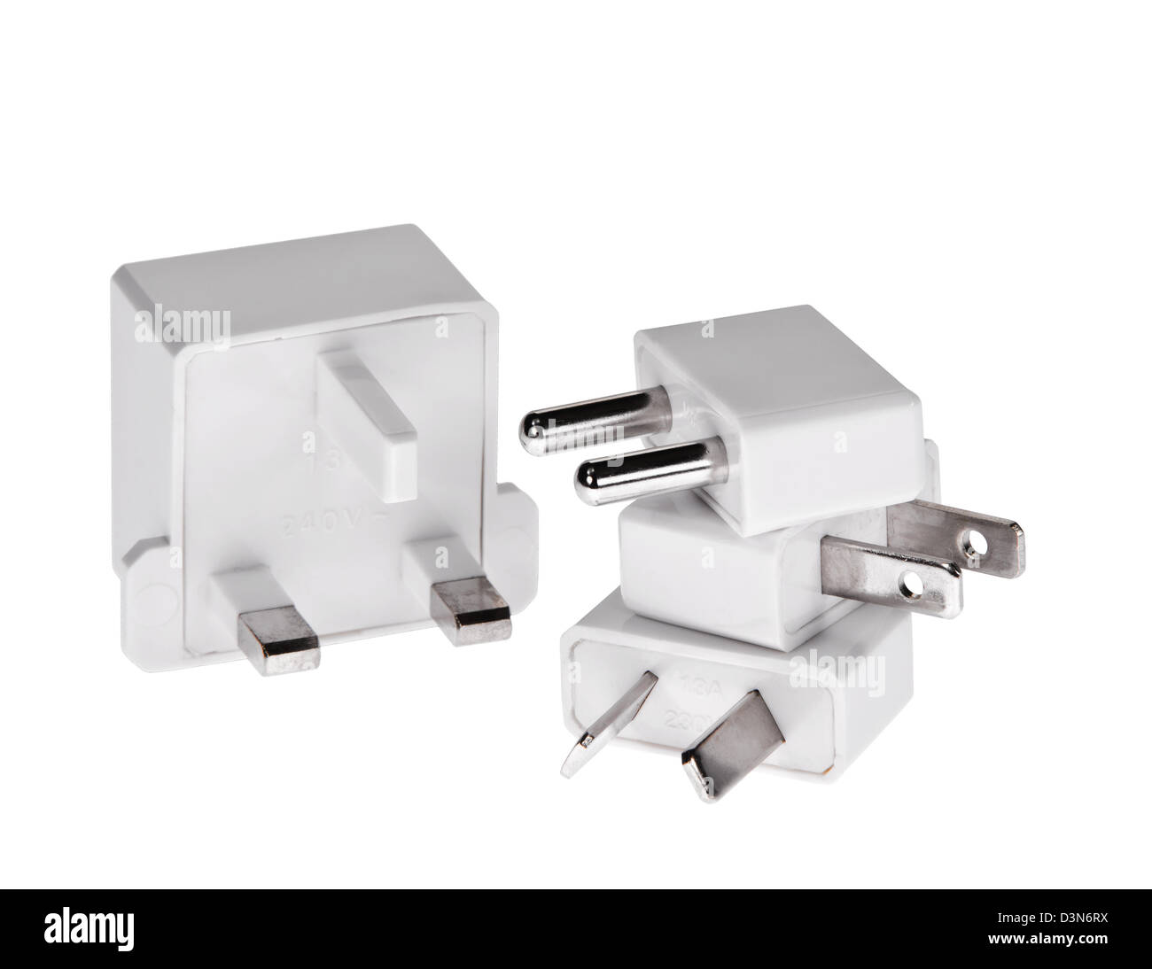 Adattatori da viaggio isolato su bianco Foto Stock