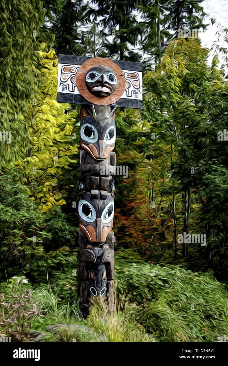 Questa immagine di un pacifico Westcoast Haida Indian totem pole è stato reso con una pittura a olio programma. Vancouver, Canada. Foto Stock