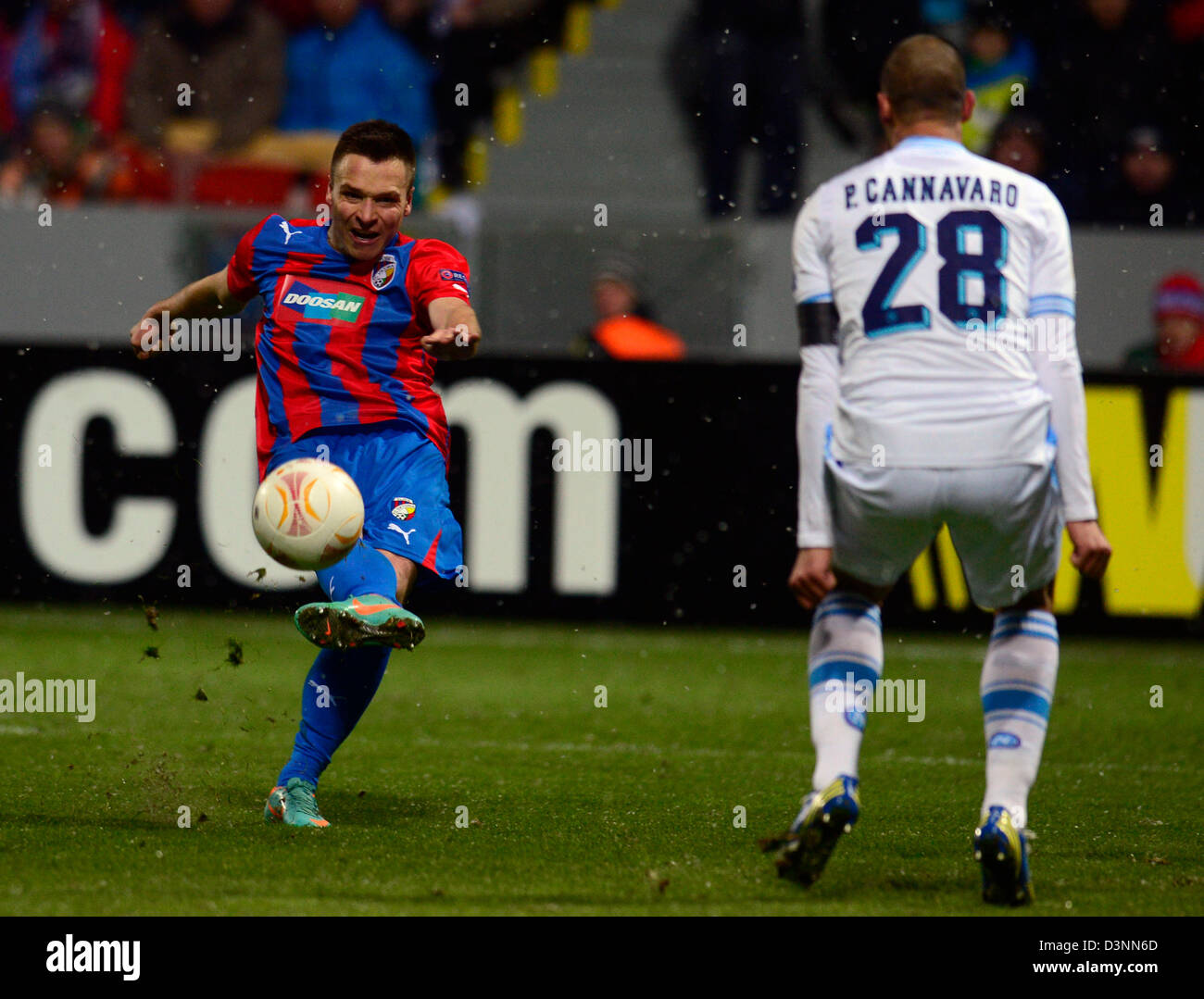 Stanislav Tecl (sinistra) di Plzen e Paolo Cannavaro di Napoli sono visibili durante il loro UEFA Europa League round di 32, la seconda gamba soccer match in Plzen, Repubblica Ceca, giovedì 21 febbraio, 2013. (CTK foto/Vondrous Romano) Foto Stock