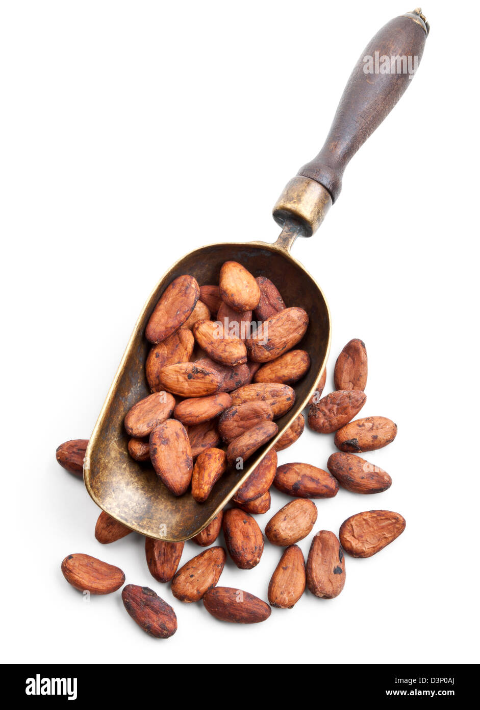 Scoop retrò con le fave di cacao isolati su sfondo bianco Foto Stock
