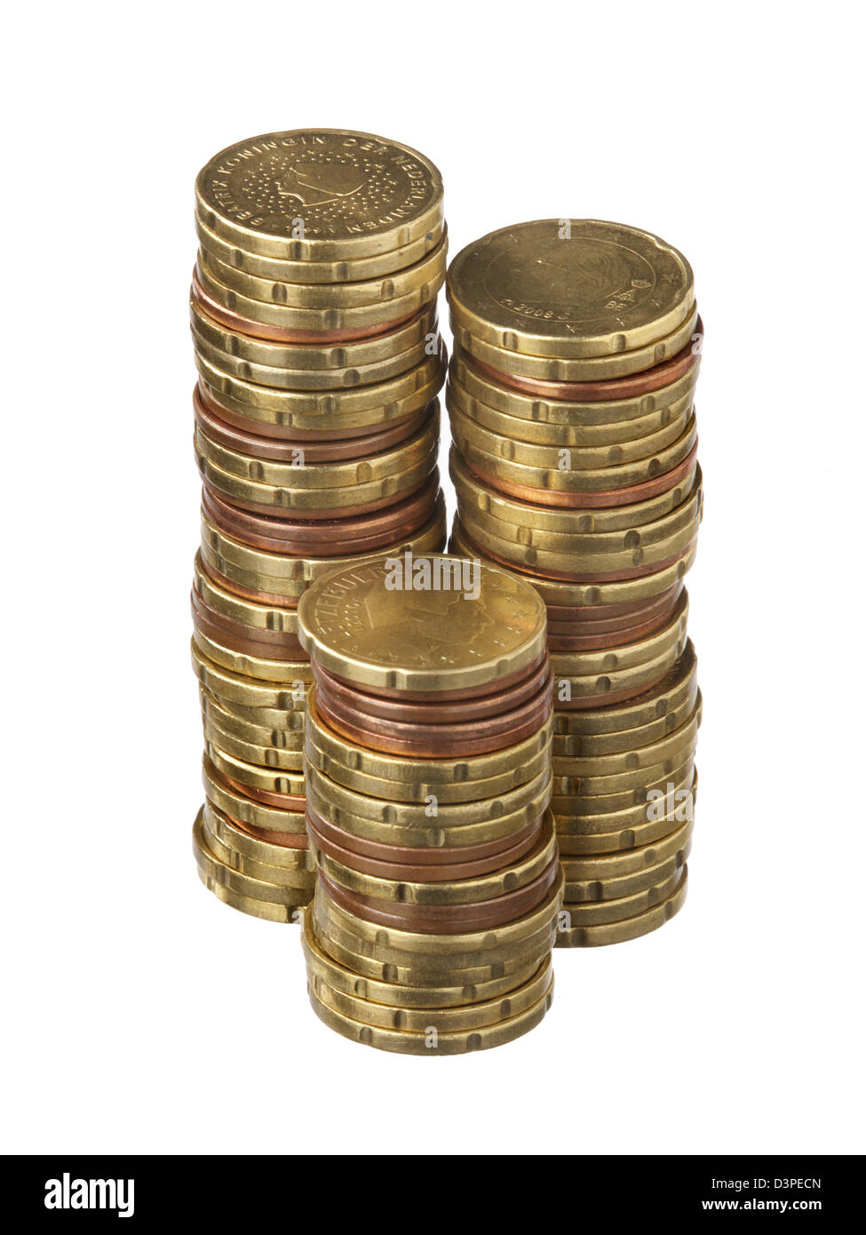 Un piccolo cambiamento, Benelux monete in euro su sfondo bianco Belgio, Paesi Bassi, Lussemburgo, Foto Stock