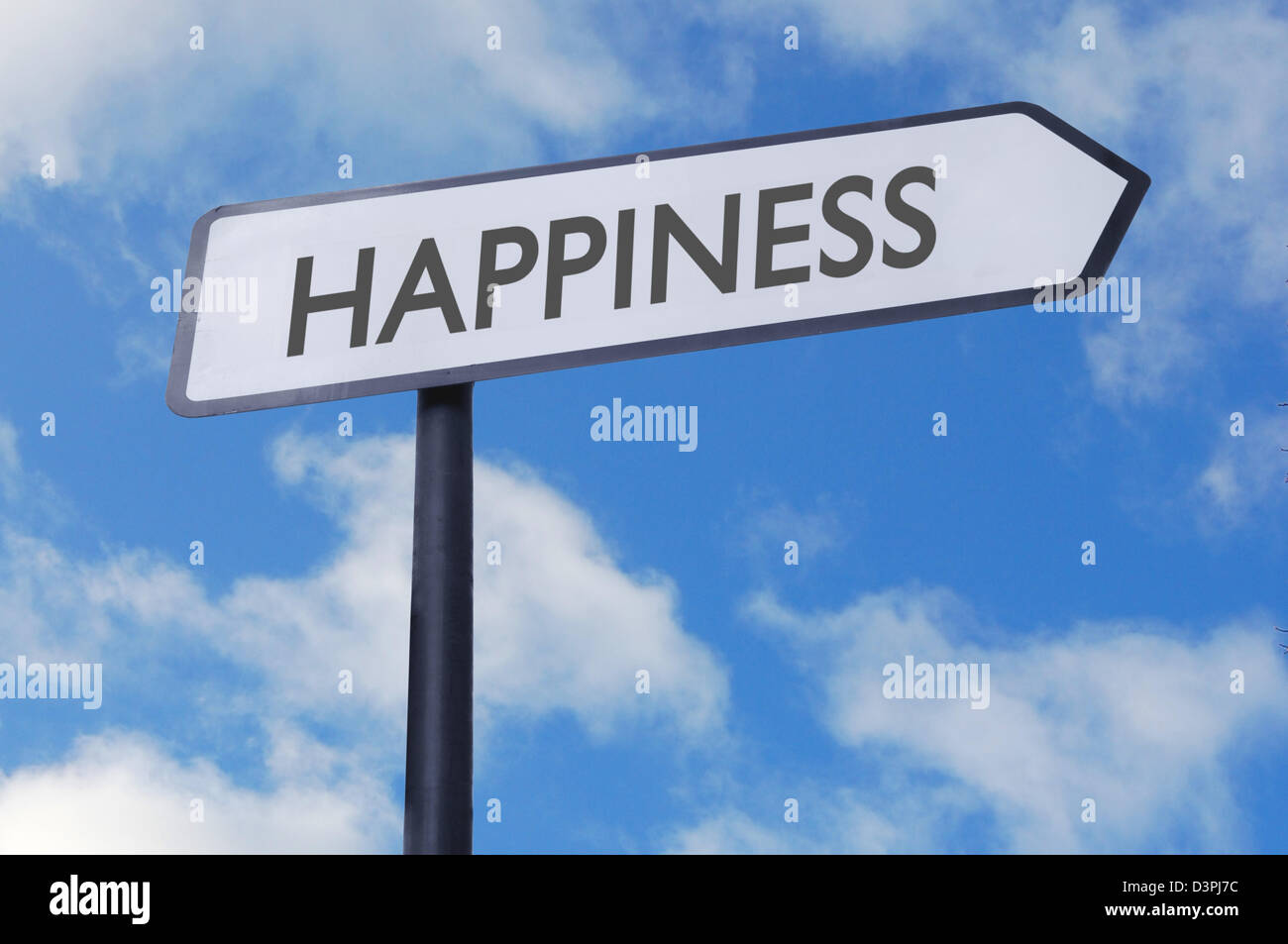 La felicità un cartello stradale con il blu del cielo Foto Stock