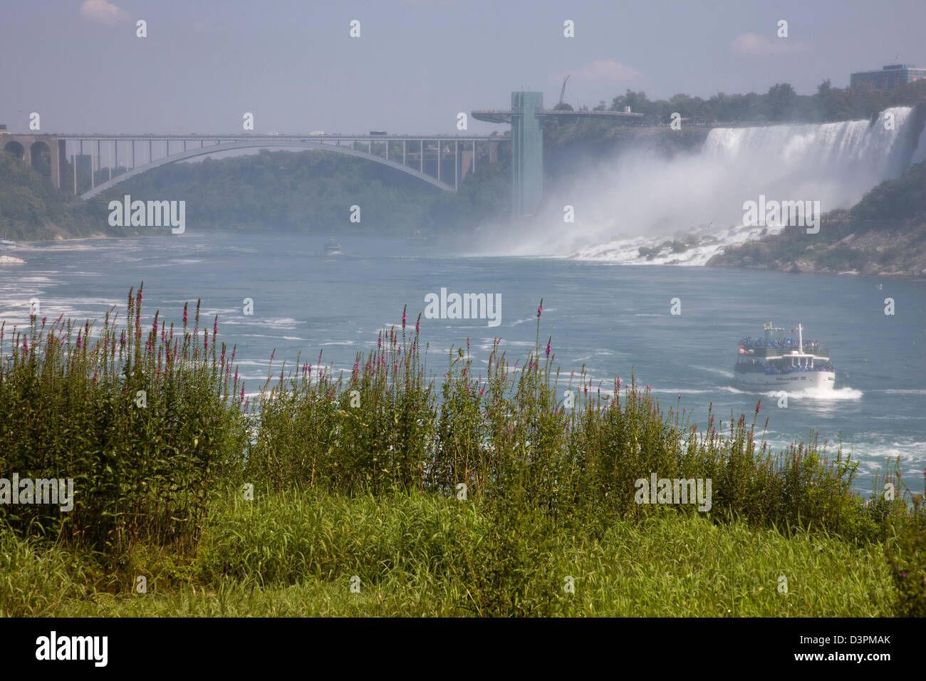 La Domestica della Foschia con il Rainbow Bridge in background, le Cascate del Niagara, Canada Foto Stock