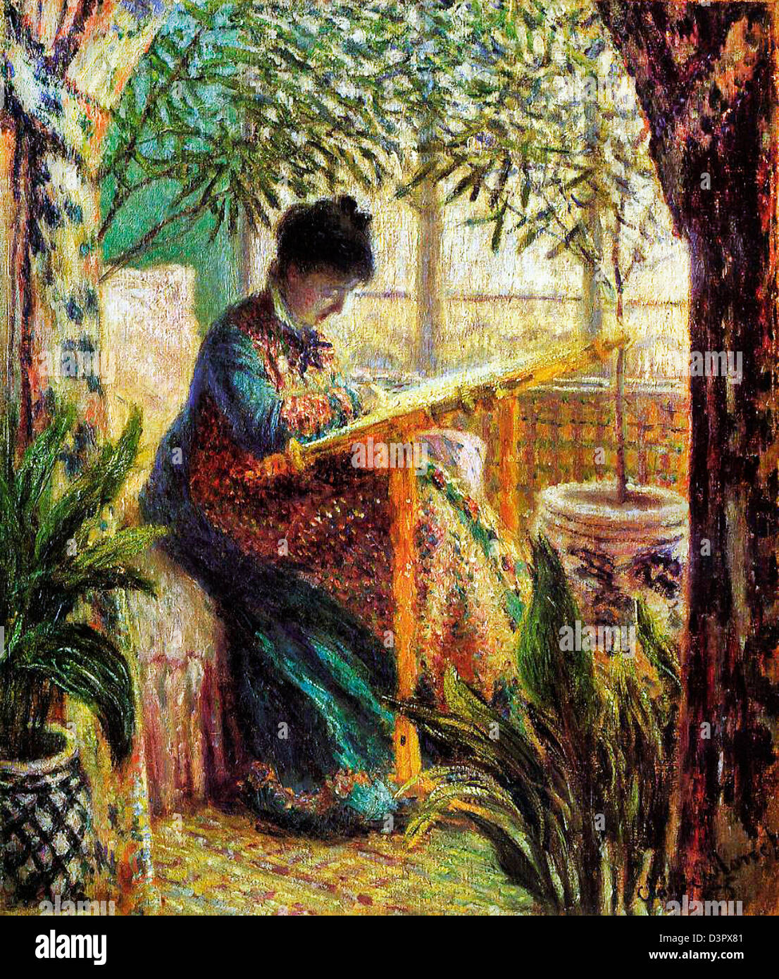 Claude Monet, Camille Monet al suo telaio arazzo, 1875, Barnes Foundation, Merion, PA. Olio su tela. Foto Stock