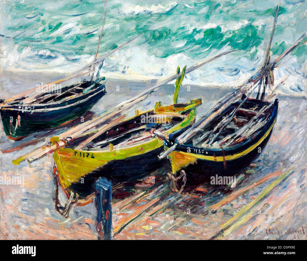 Claude Monet, tre barche da pesca 1886 olio su tela. Museo di Belle Arti di Budapest Foto Stock