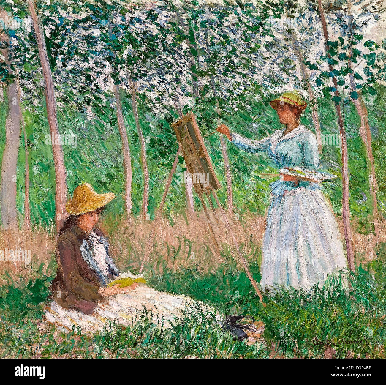 Claude Monet, nei boschi a Giverny: Blanche Hoschedé al suo cavalletto con Suzanne Hoschedé lettura 1887 olio su tela. Los Angel Foto Stock