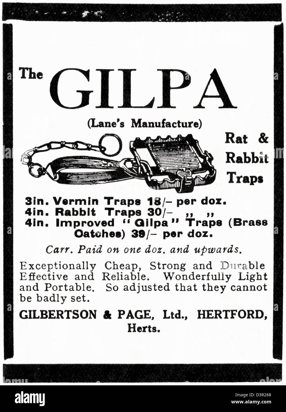 Originale di 1920s vintage stampa pubblicitaria da English Country Gentleman's pubblicità sui giornali il gin Gilpa trappola per il coniglio e gli altri parassiti da Gilbertson & pagina di Hertford Foto Stock