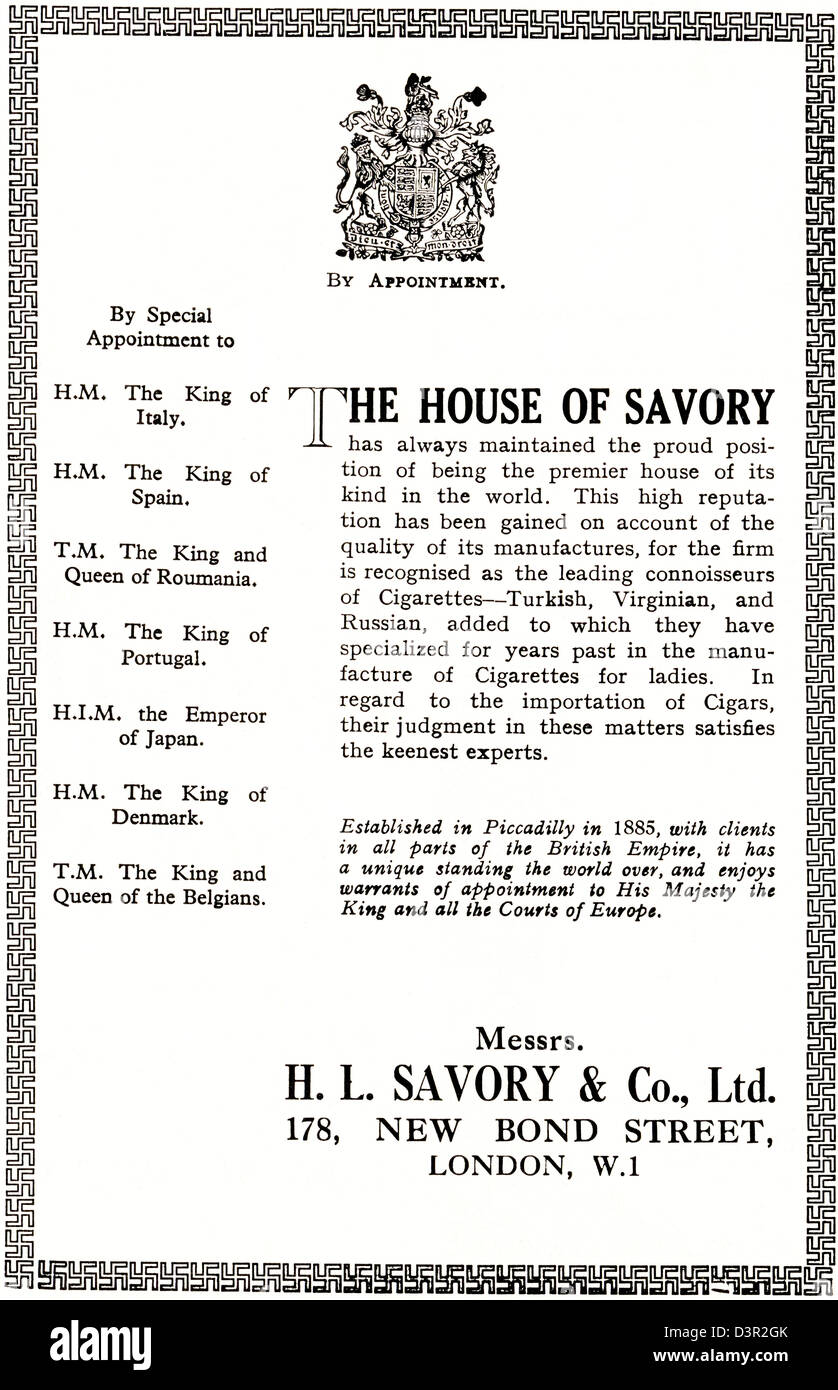 Originale di 1920s vintage stampa pubblicitaria da English Country Gentleman's pubblicità sui giornali H.L. Sapido & Co di New Bond Street London tabaccherie alle royalty Foto Stock