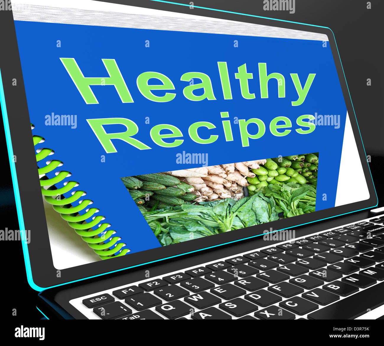 Ricette sane su laptop mostra le ricette on-line o libro di cucina Foto Stock