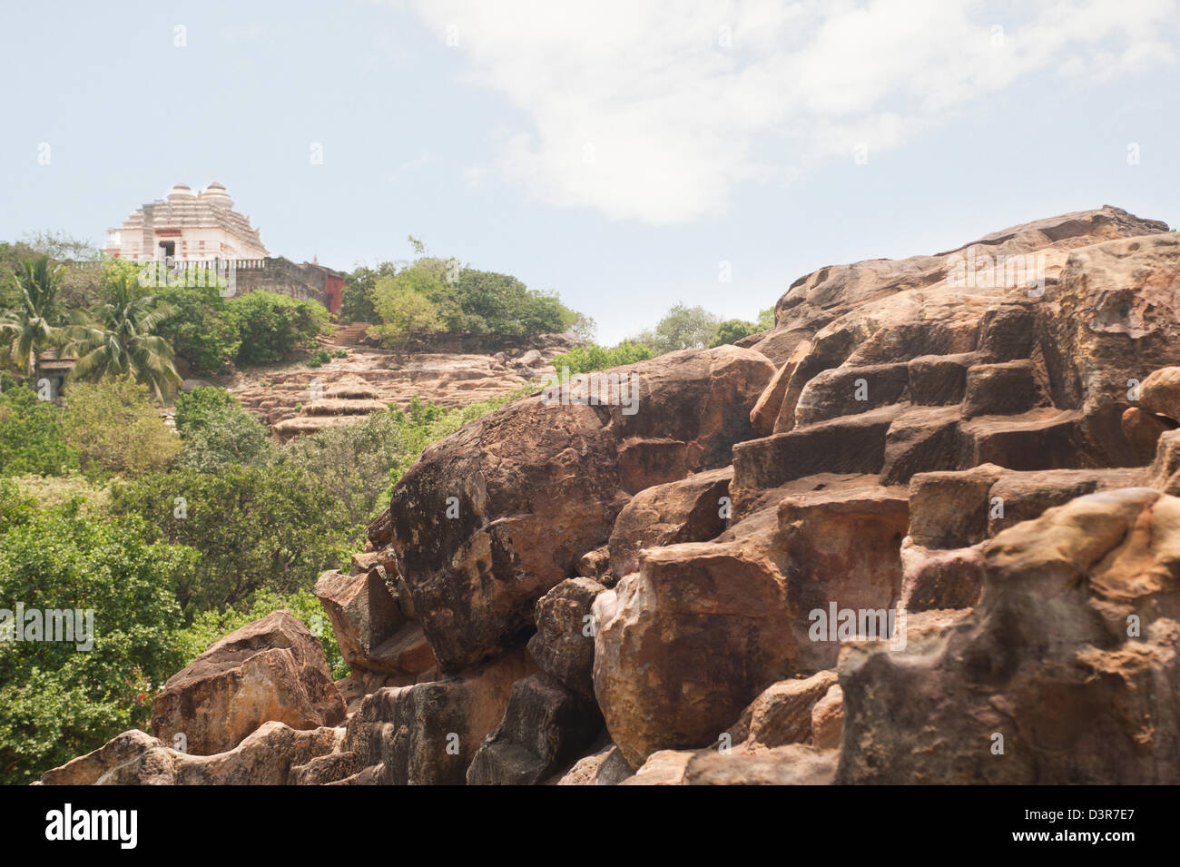 Sito archeologico con un tempio Jain in background, Udayagiri e Khandagiri Grotte, Bhubaneswar, Orissa, India Foto Stock