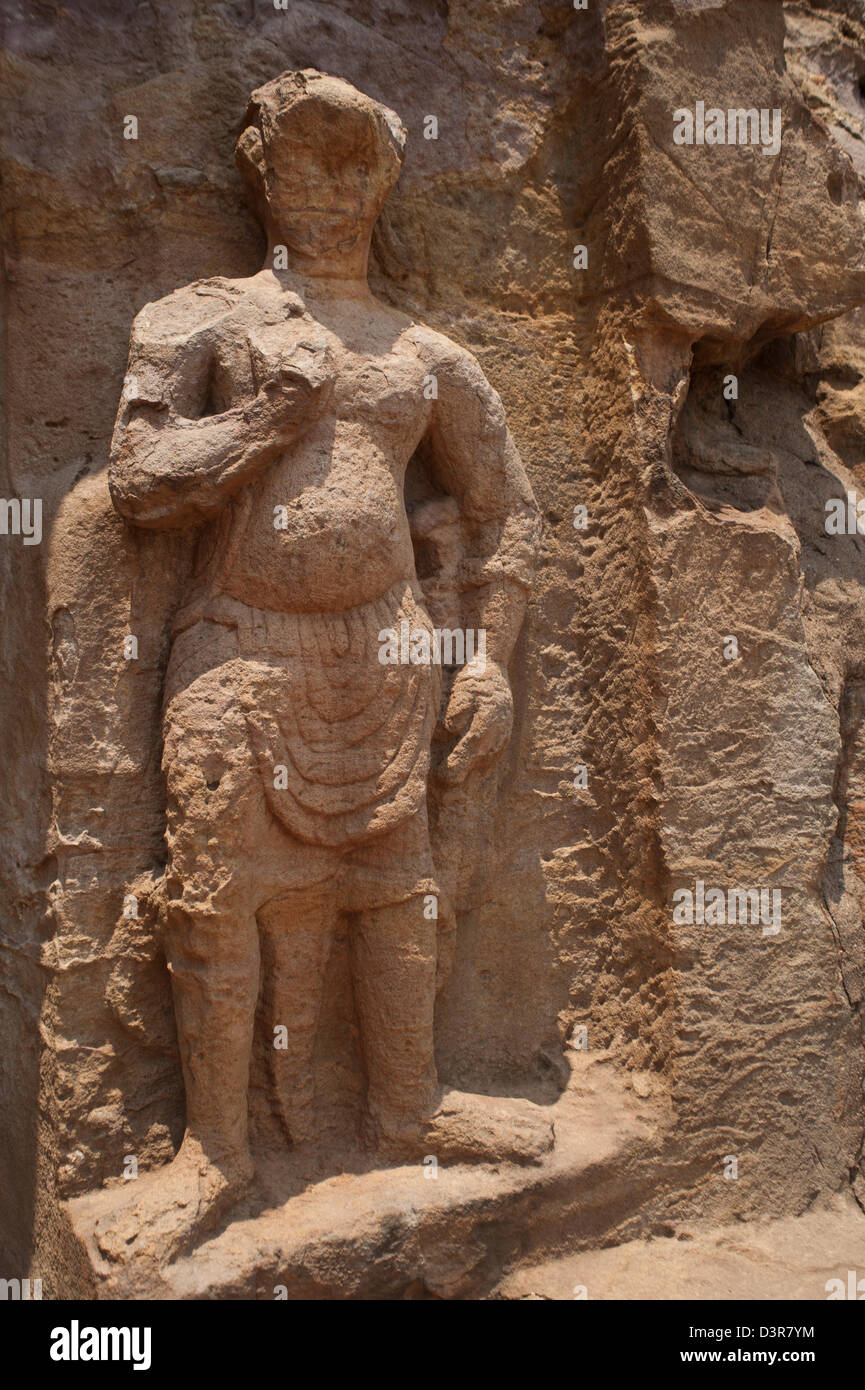 Dettagli di una statua di un sito archeologico, Udayagiri e Khandagiri Grotte, Bhubaneswar, Orissa, India Foto Stock