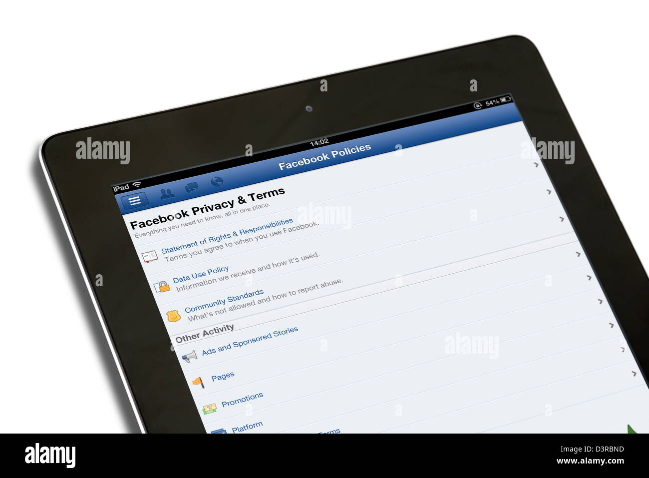 Facebook Privacy e Termini su Facebook pagina Politiche, visualizzati su una quarta generazione di iPad Foto Stock