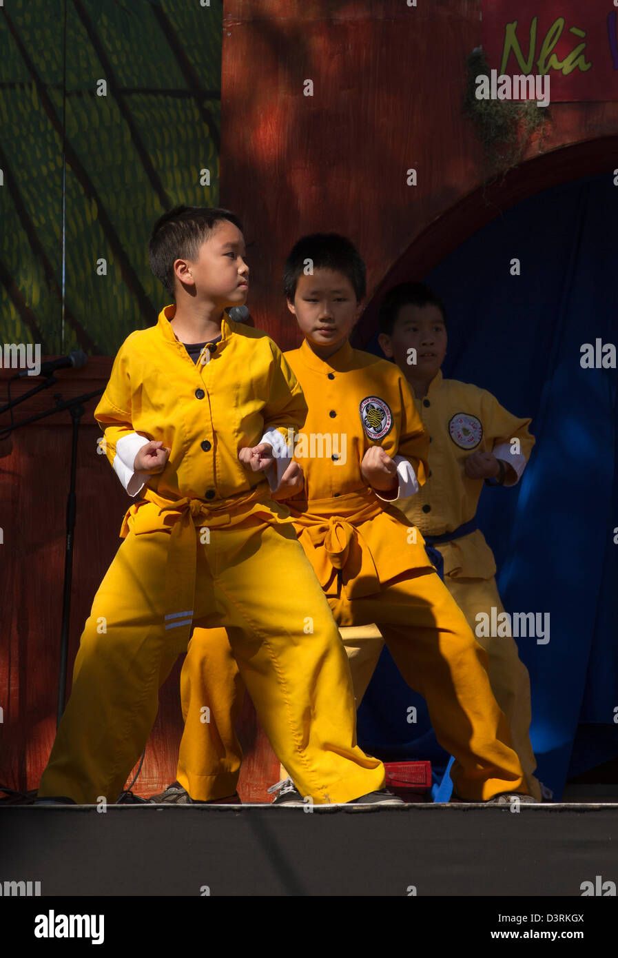 Giovani cinesi di Kung Fu fighters dimostrare le loro competenze durante il Tet Festival, Garden Grove, California Foto Stock