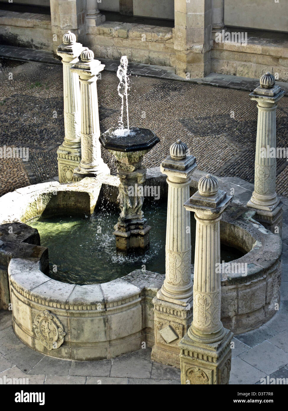 Quatrefoil pietra intagliata cortile con fontana ex Santo Domingo monastero oggi utilizzato come Museo delle Culture Oaxacan Oaxaca Messico Foto Stock