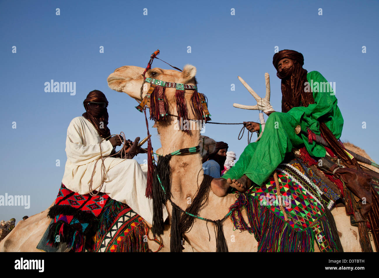 I nomadi Wodaabe cavalcare i loro cammelli come parte del Gerewol festival in Ingal, Niger Foto Stock