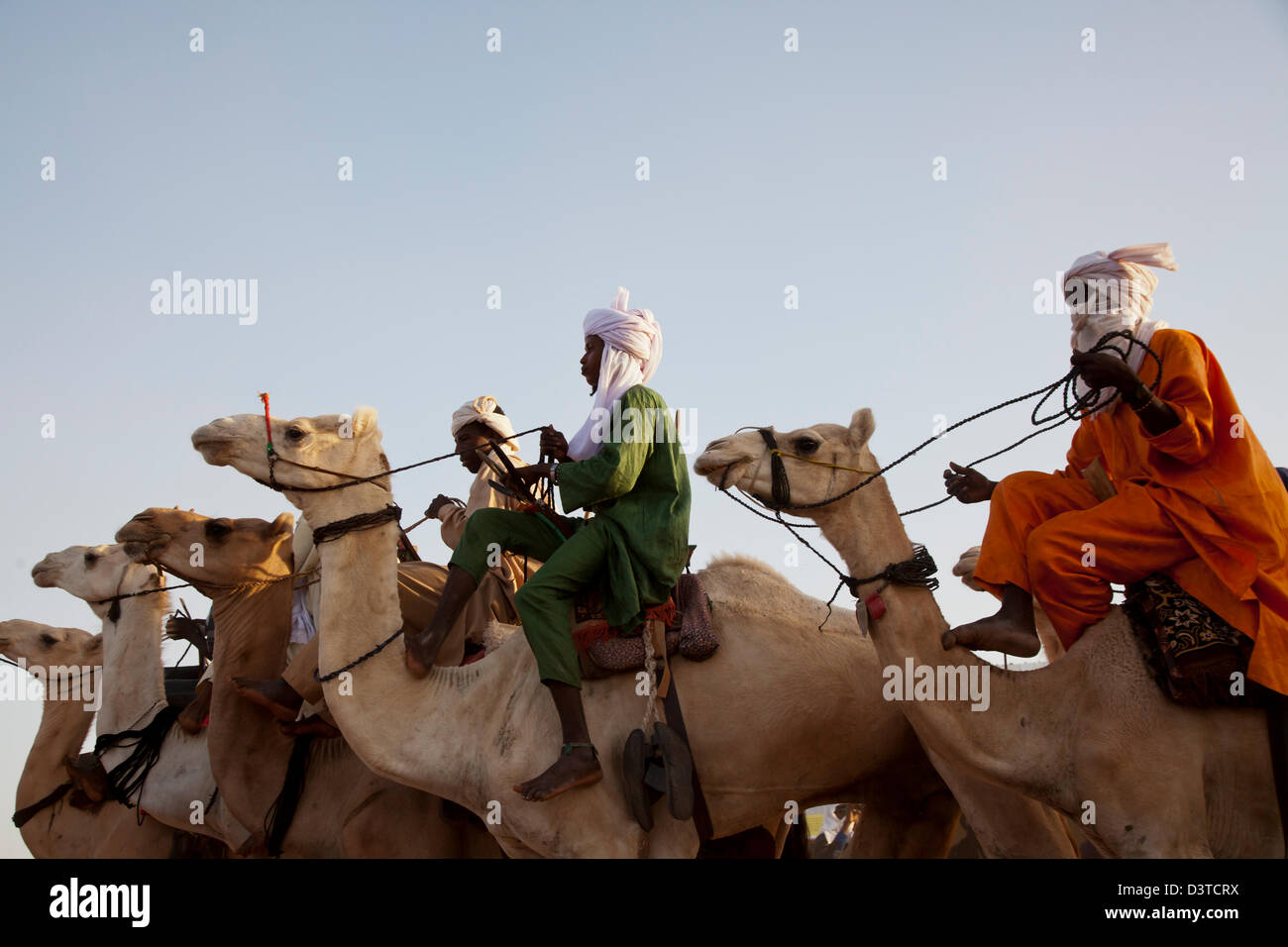 I nomadi Wodaabe cavalcare i loro cammelli come parte del Gerewol festival in Ingal, Niger Foto Stock