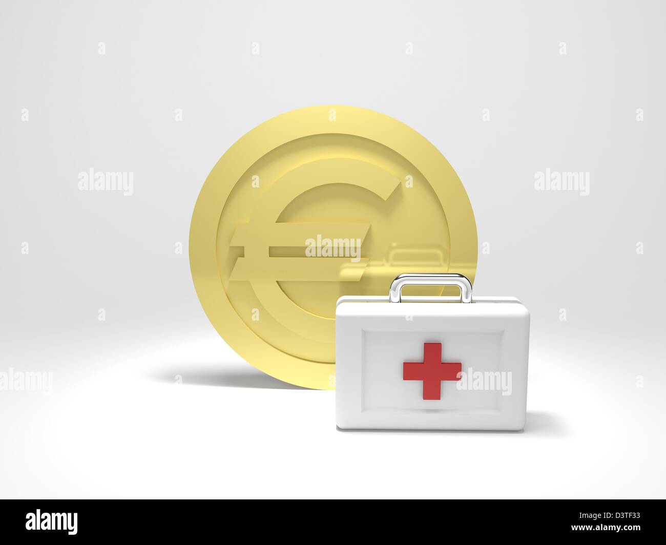 3D render illustrazione dell'oro monete in euro con un kit di primo soccorso. Foto Stock