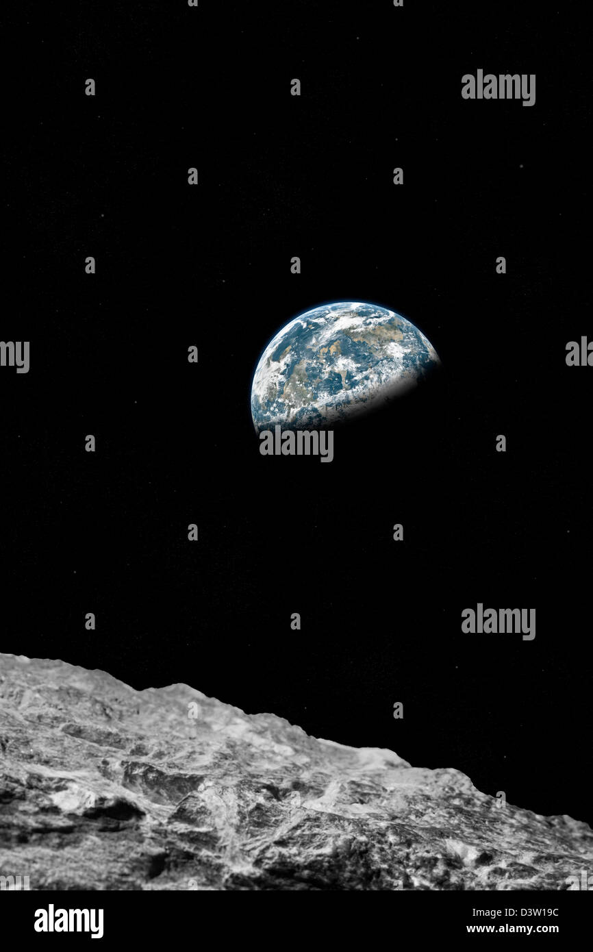 Terra che sorge sopra la luna Foto Stock