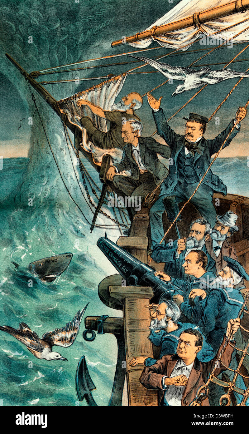 Il nostro buon nave "nazionali" di credito in pericolo da un argento-becco - 1885 USA cartoon politico Foto Stock
