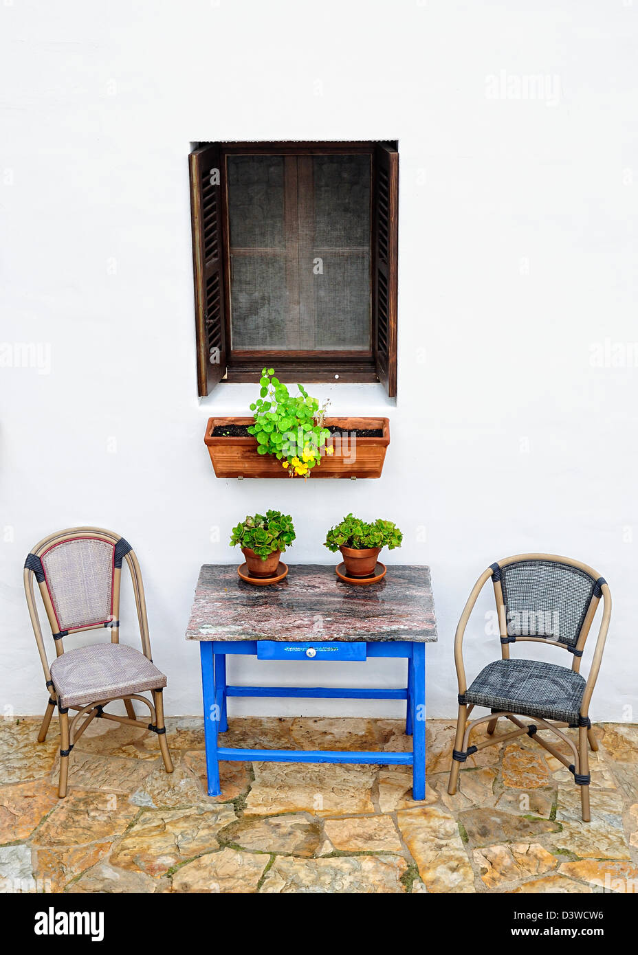 Decorazione esterna in una tradizionale casa bianca. San Agustín, Ibiza, Isole Baleari, Spagna Foto Stock