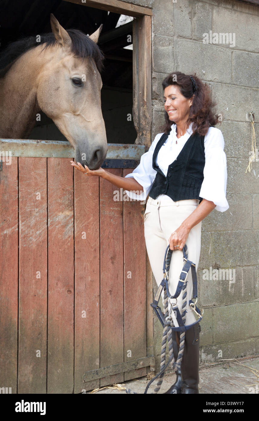 Una donna matura in marcia di equitazione con tack felicemente animali domestici un cavallo in un Cotswold stabile Foto Stock