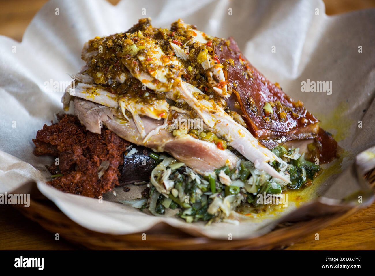 Babi Guling al famoso Bu Oka Ristorante, Ubud, Bali Foto Stock