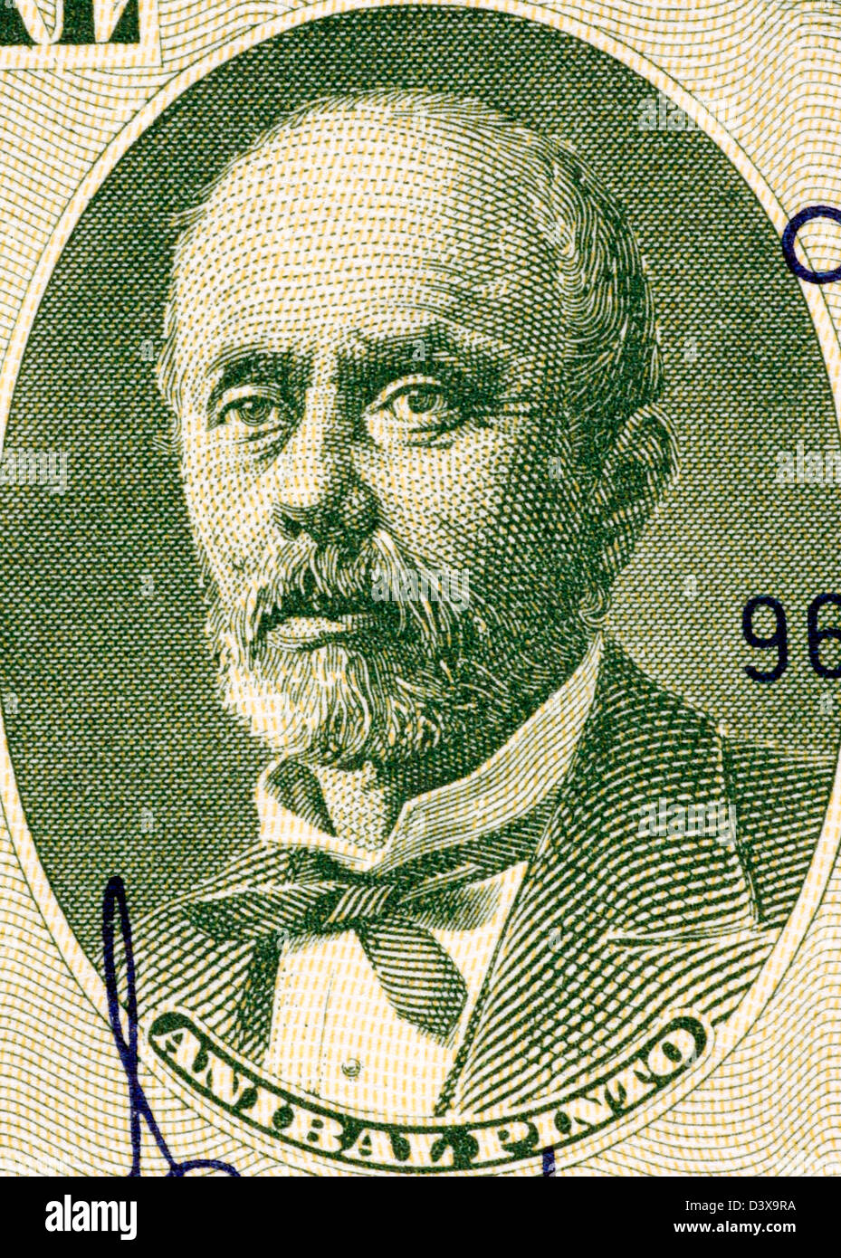 Anibal Pinto (1825-1884) il 5 Centimos su 50 pesos 1960 banconota dal Cile. Presidente della Repubblica del Cile durante il 1876-1881. Foto Stock