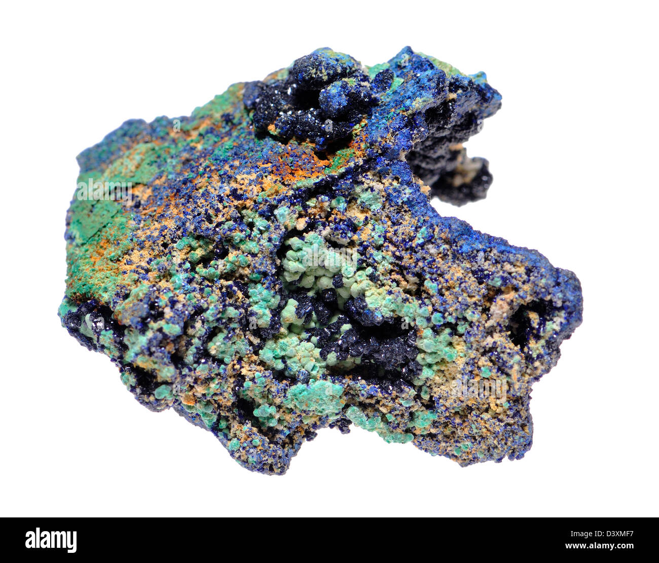 Malachite e Azurite cristalli sulla matrice (da Zacatecas, Messico) entrambe le forme di carbonato di rame Idrossido, spesso trovati insieme Foto Stock