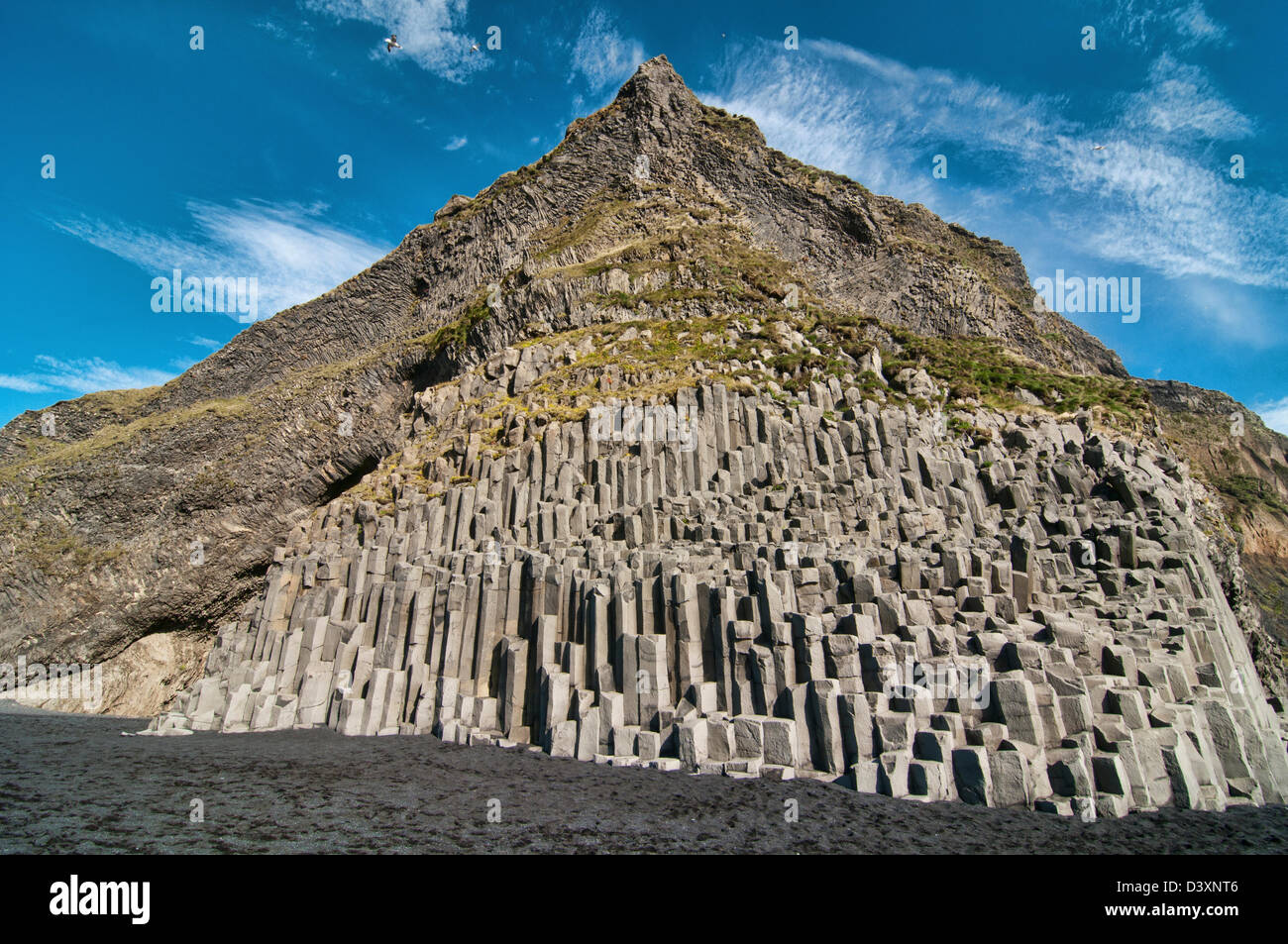 Stuðlaberg colonne di basalto Reynisfjara sulla spiaggia di sabbia nera vicino a VIK, sud dell'Islanda Foto Stock