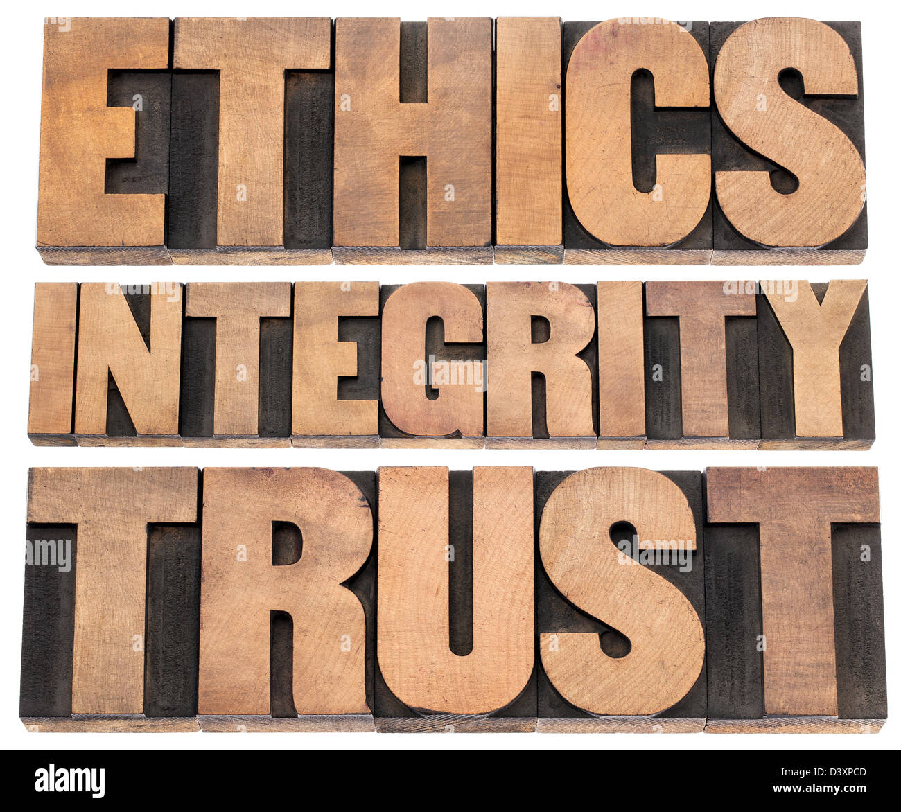 Etica, l'integrità, la parola fiducia - un collage di testo isolato in rilievografia vintage tipo legno blocchi di stampa Foto Stock