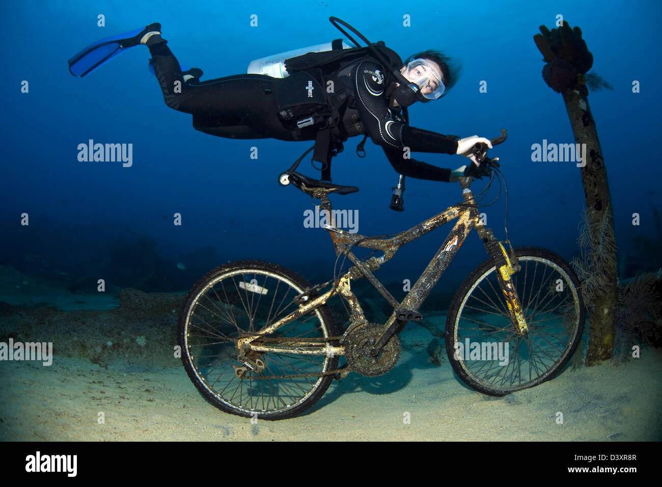 Sommozzatore holding bike sotto l'acqua Foto Stock