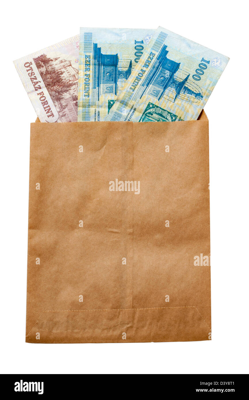 Il denaro di Ungheria con la fontana di Ercole dal castello di Visegrad in buste di carta isolato su sfondo bianco Foto Stock