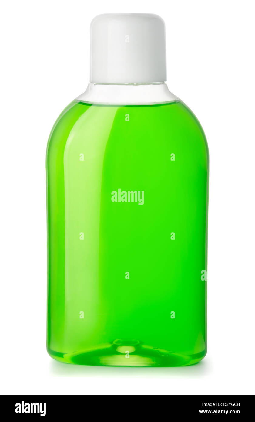 Bottiglia di verde collutorio antibatterico isolato su bianco Foto Stock