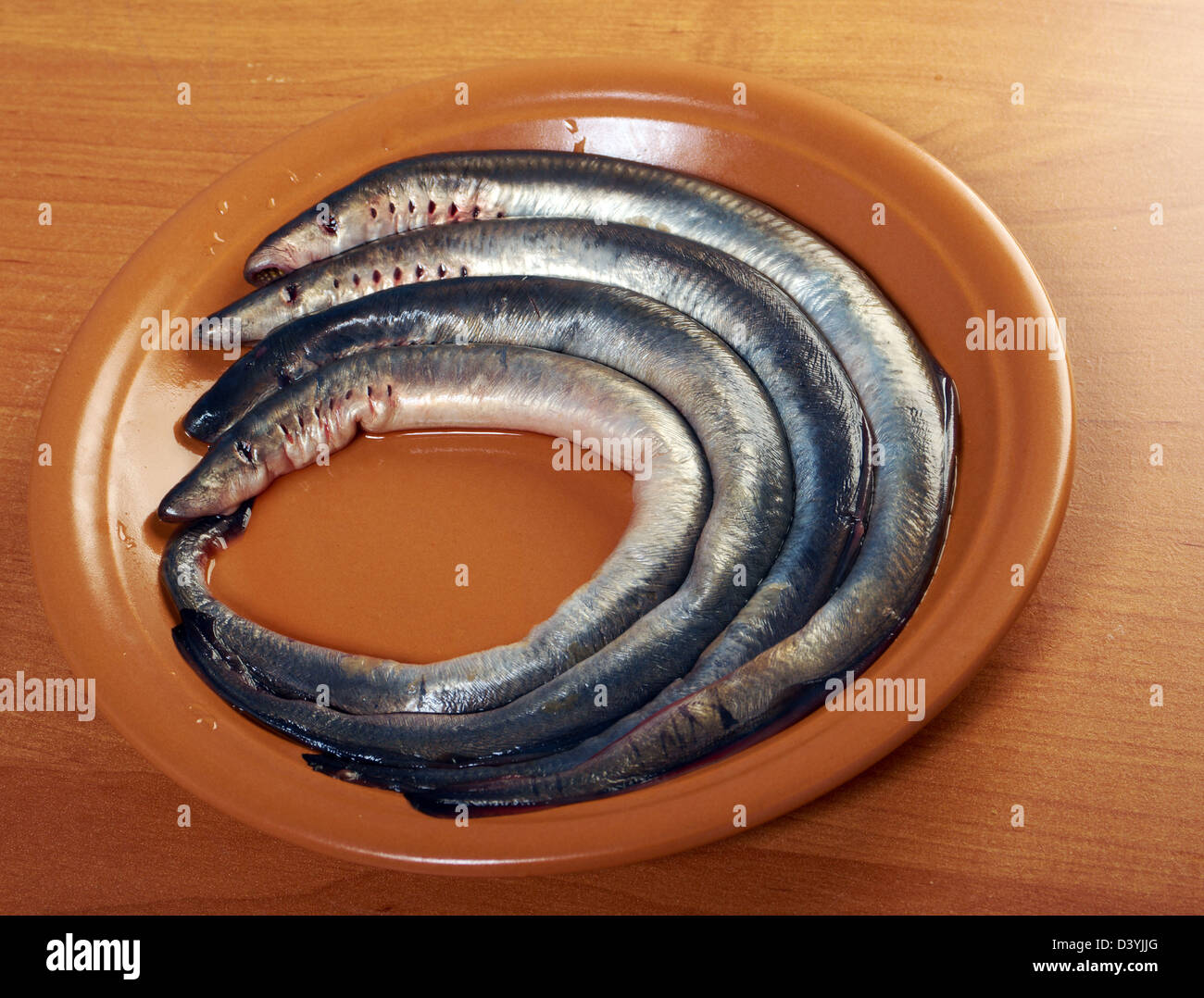 Pesce fresco di lampreda sulla piastra. closeup Foto Stock