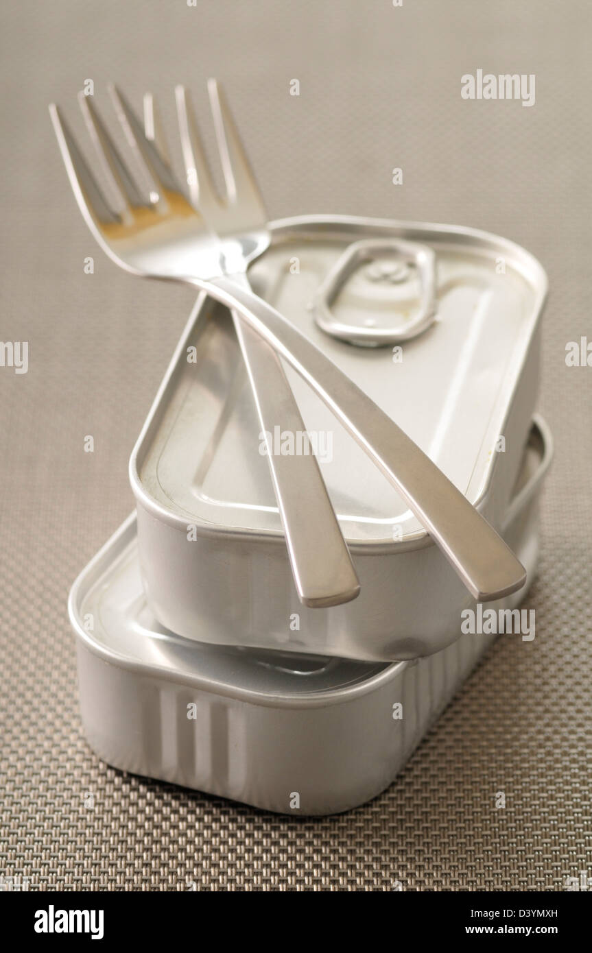 Le forcelle e le scatolette di cibo Foto Stock