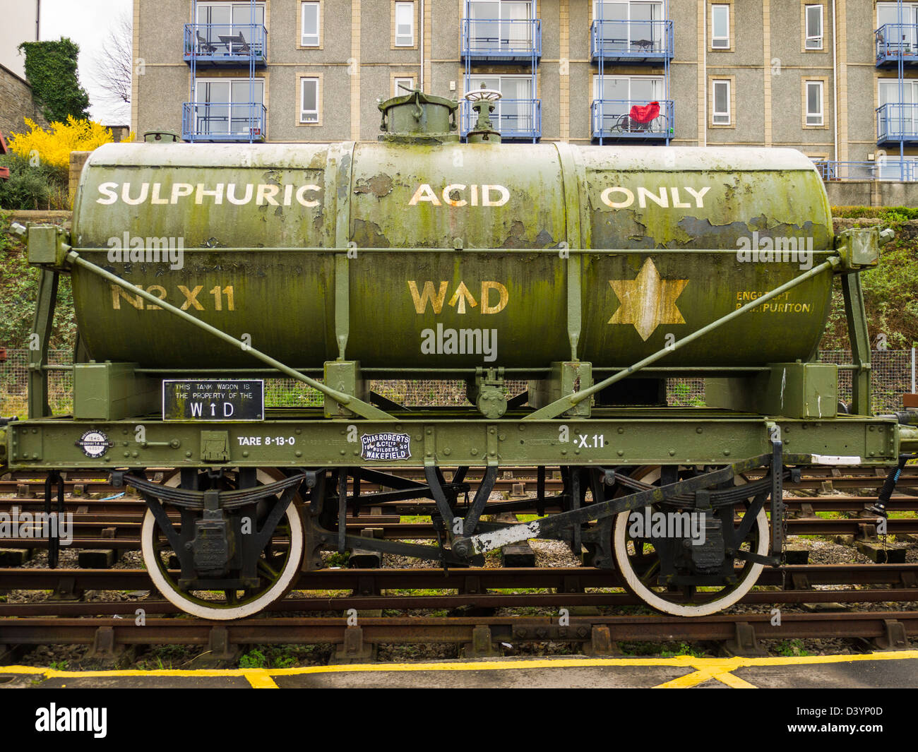 Un carro merci per il trasporto di acido solforico sul porto di Bristol ferroviarie, Inghilterra. Foto Stock