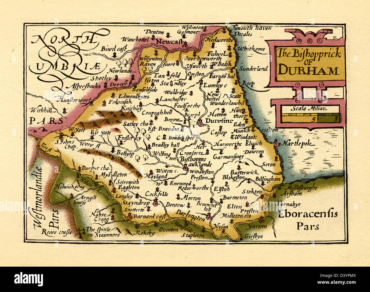 Il Bishopprick di Durham - Old English County Map da John velocità, circa 1625 Foto Stock