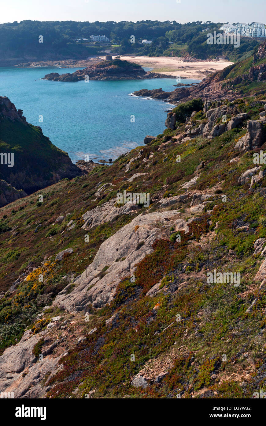 Vista di Portelet Bay da Noirmont capezzagna, Jersey, Isole del Canale Foto Stock