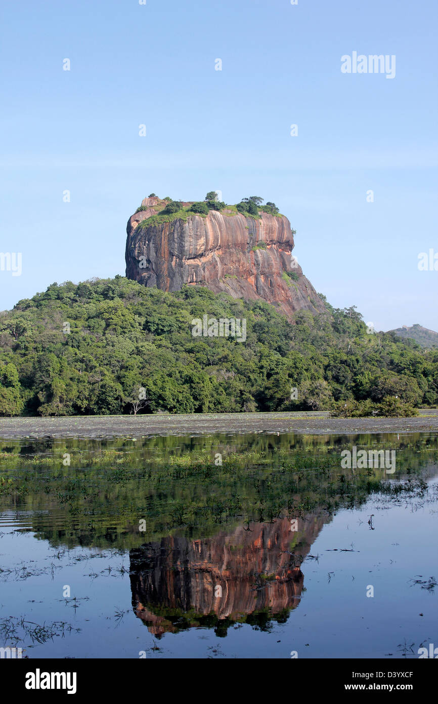 La riflessione di Sigiriya (Lion Rock) nel serbatoio (serbatoio) Foto Stock