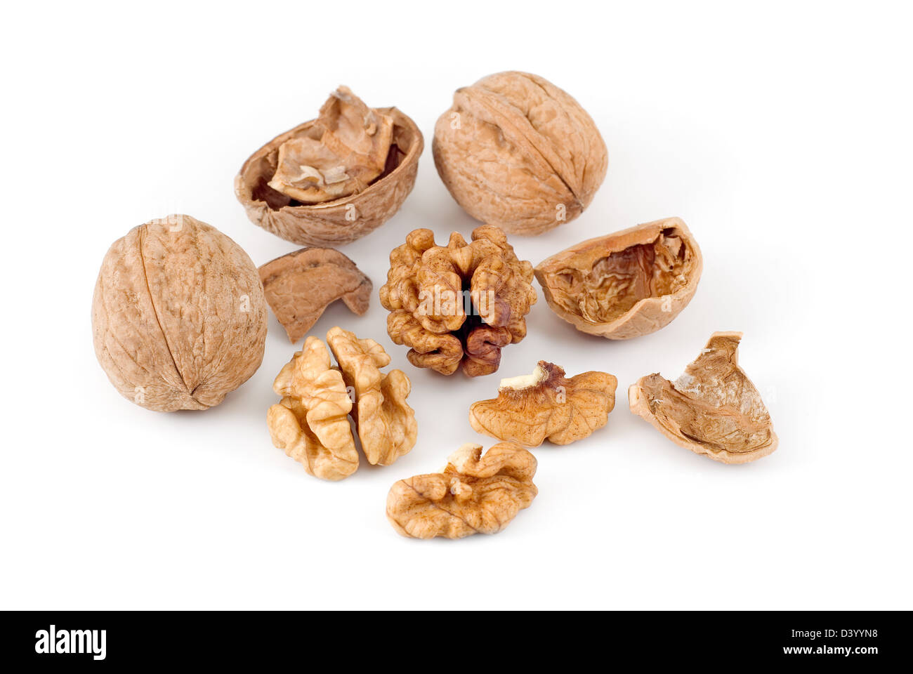 Quattro le noci sono fotografati su sfondo bianco Foto Stock
