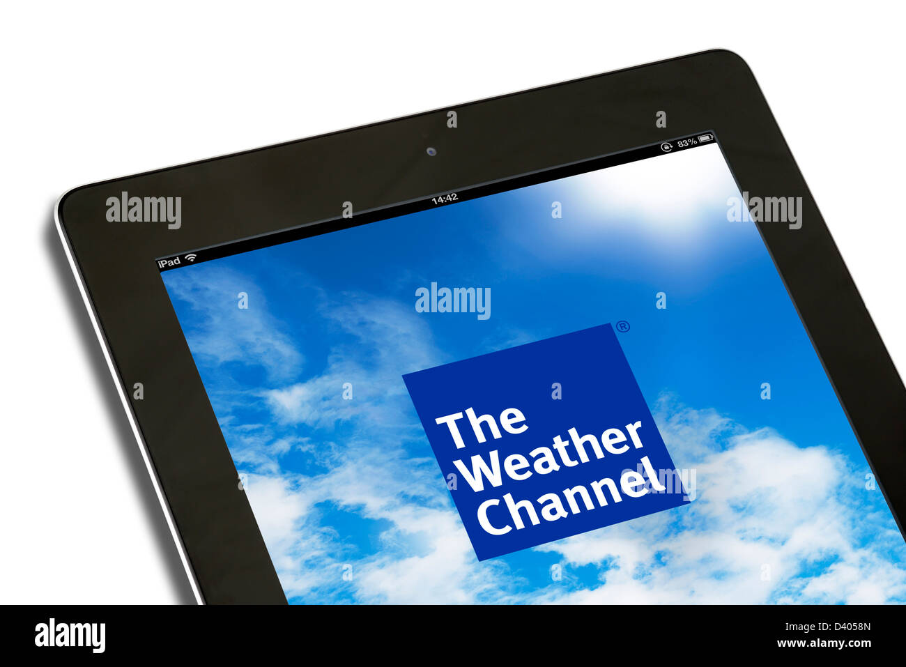 Pagina anteriore del canale meteo app ( Weather.com ) visualizzati su una quarta generazione di Apple computer tablet iPad Foto Stock