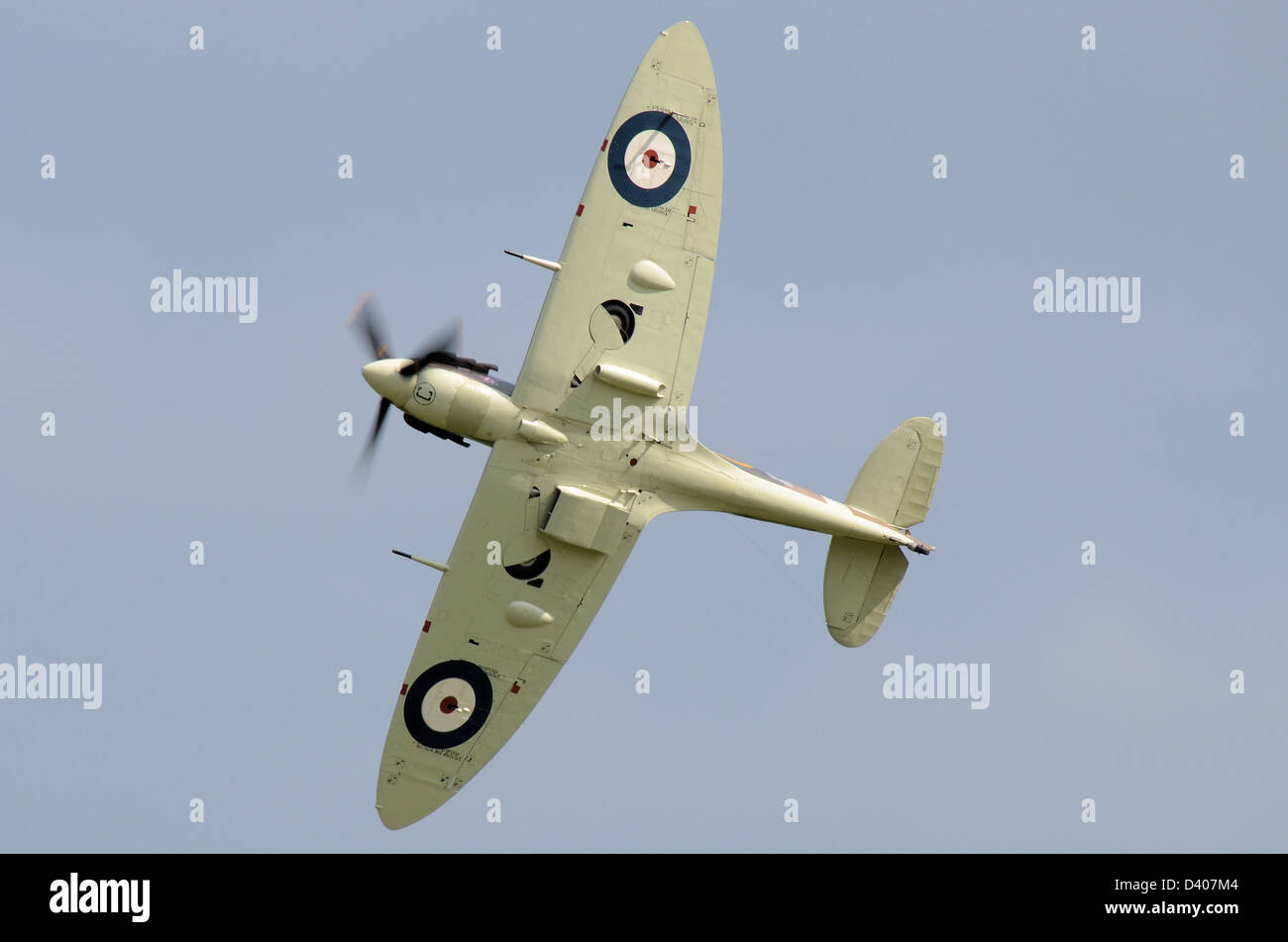 Spitfire V si sposta per mostrare il suo classico profilo alare ellittico e la configurazione dei rotanti RAF e dei radiatori del Supermarine Spitfire MKV Foto Stock