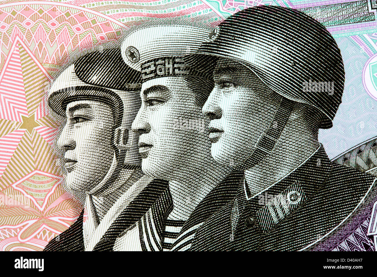 Tre uomini militare Air Force, della marina e dell'esercito da 10 ha vinto la banconota, Corea del Nord, 2002 Foto Stock