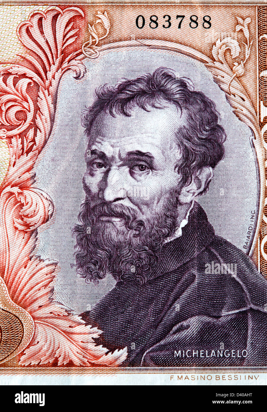 Ritratto di Michelangelo da 10000 Lire banconota, Italia, 1973 Foto Stock