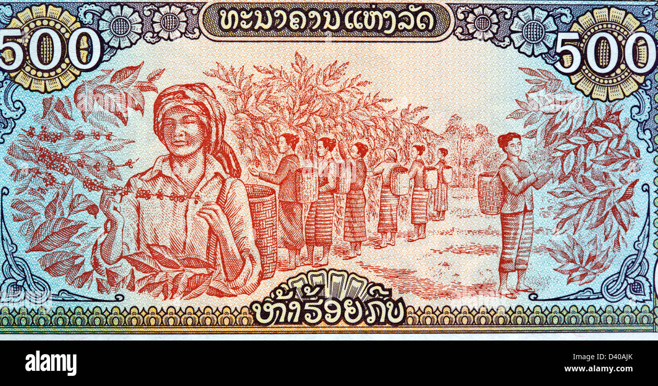 Scena di raccolta di frutta da 500 Kip banconota, Laos, 1988 Foto Stock