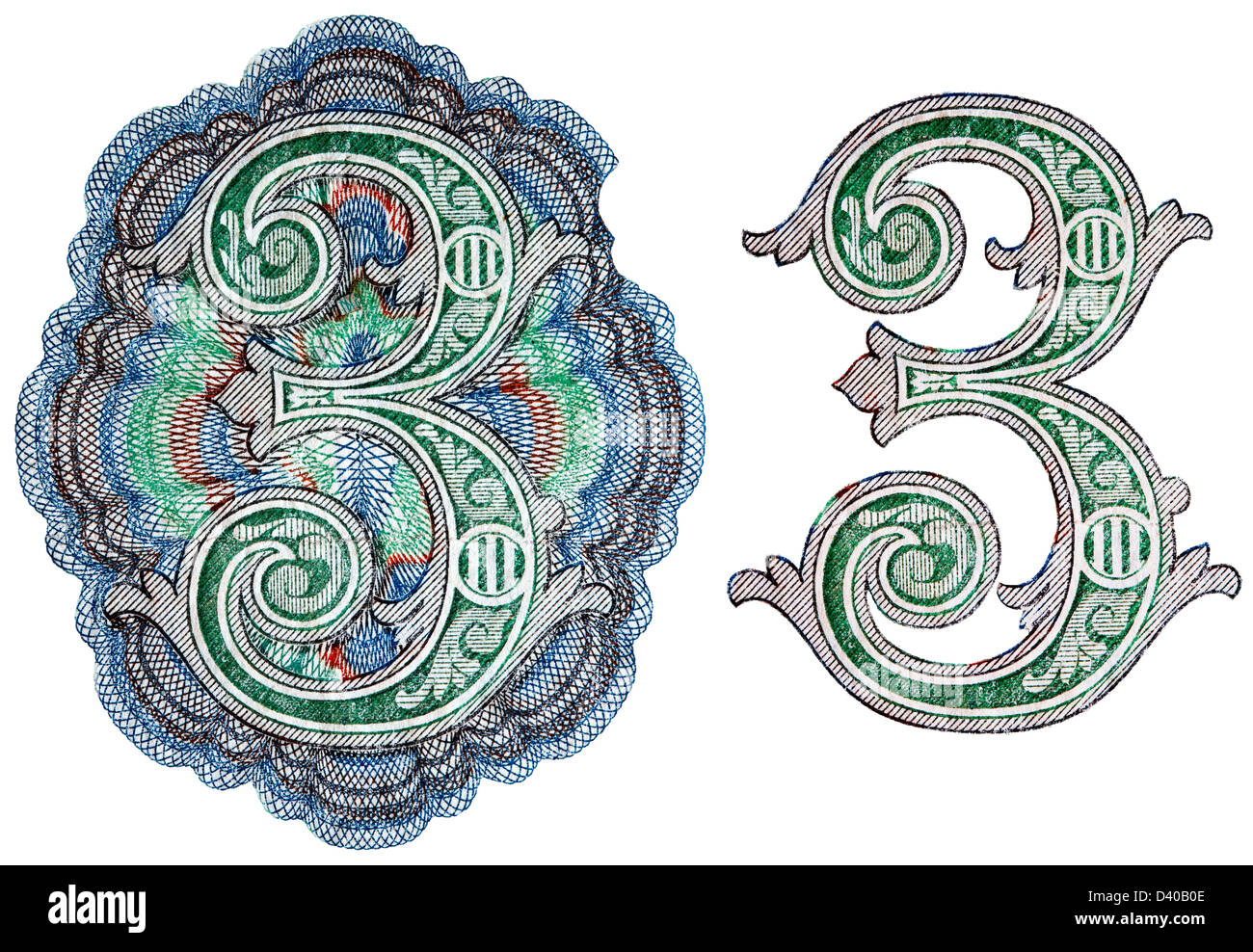 Numero 3 da 3 rubli banconota, su sfondo bianco, Russia, 1905 Foto Stock