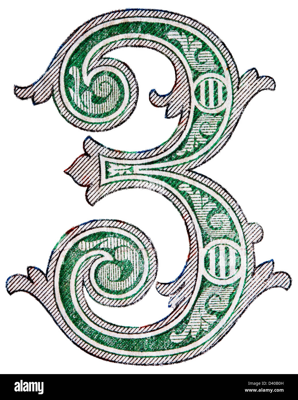 Numero 3 da 3 rubli banconota, su sfondo bianco, Russia, 1905 Foto Stock